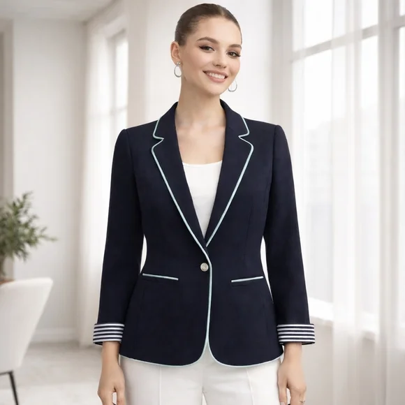 NWT Yumi Navy Blazer Mint Piping Preppy Nautical Striped Tailored Jacket US10/12 - Picture 11 of 11